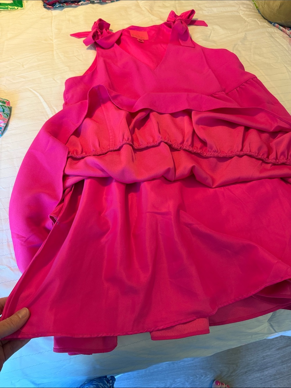 Lilly Pulitzer Hot Pink Tiered Mini Dress with Shoulder Ties size large - Picture 6 of 7